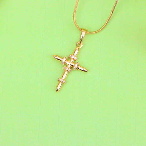 "Rose Gold Cross Pendant with CZ Ring Accents in Modern Sleek Style, XPPT1819 - Picture 10 of 13